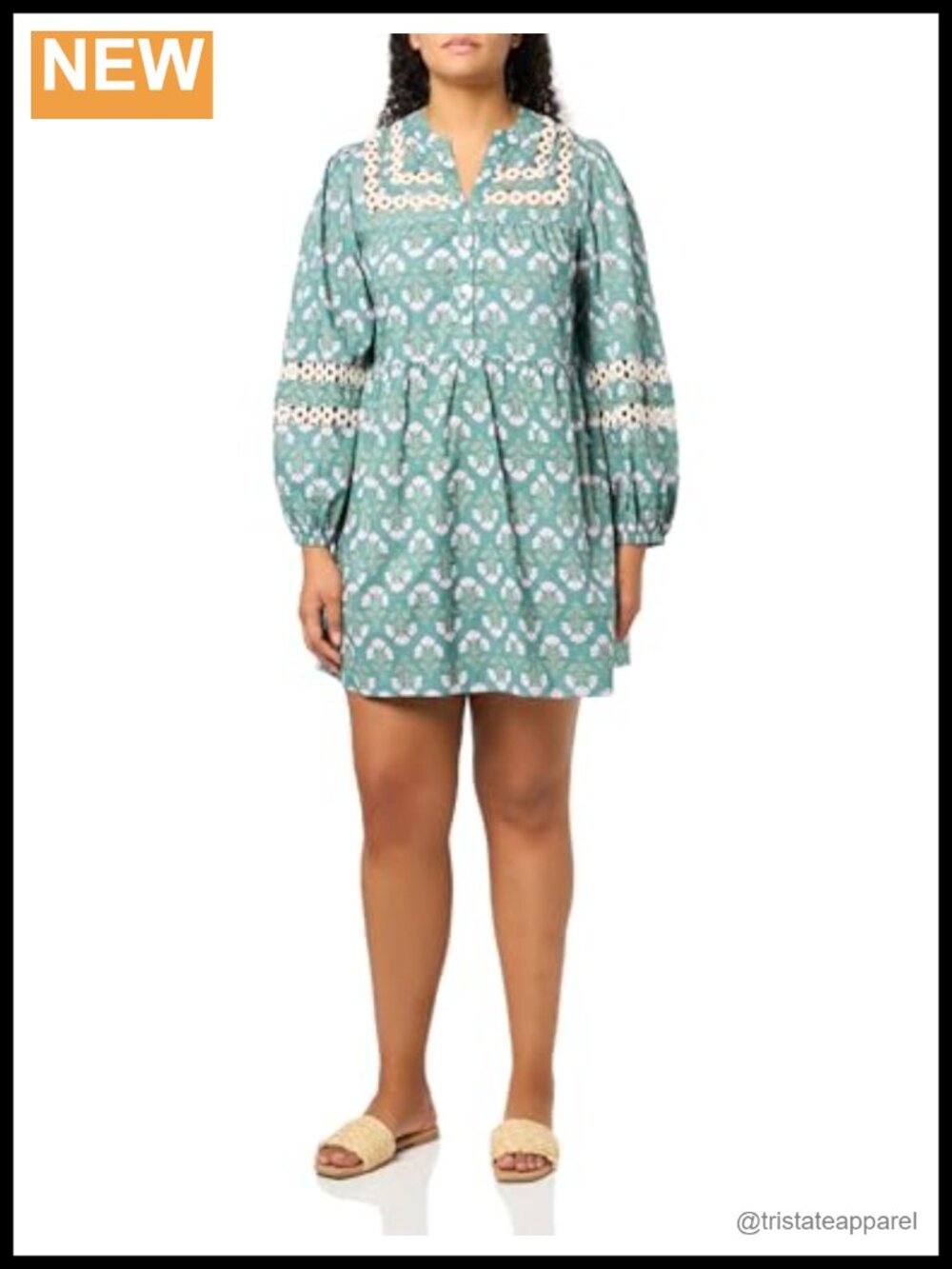 Cotton Cambric Floral Midi Dress Long Sleeve Lace Trim V-Neck Casual